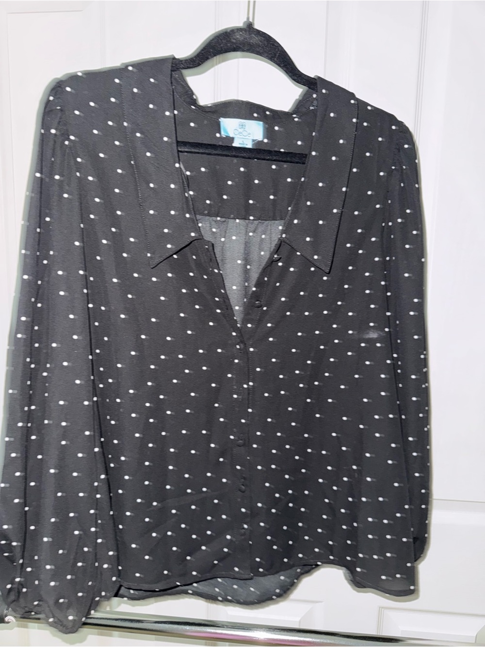 CeCe Black Button-Down Blouse with White Polka Dots